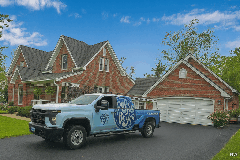 Brick Home image with Roofs By Bryan truck in the driveway