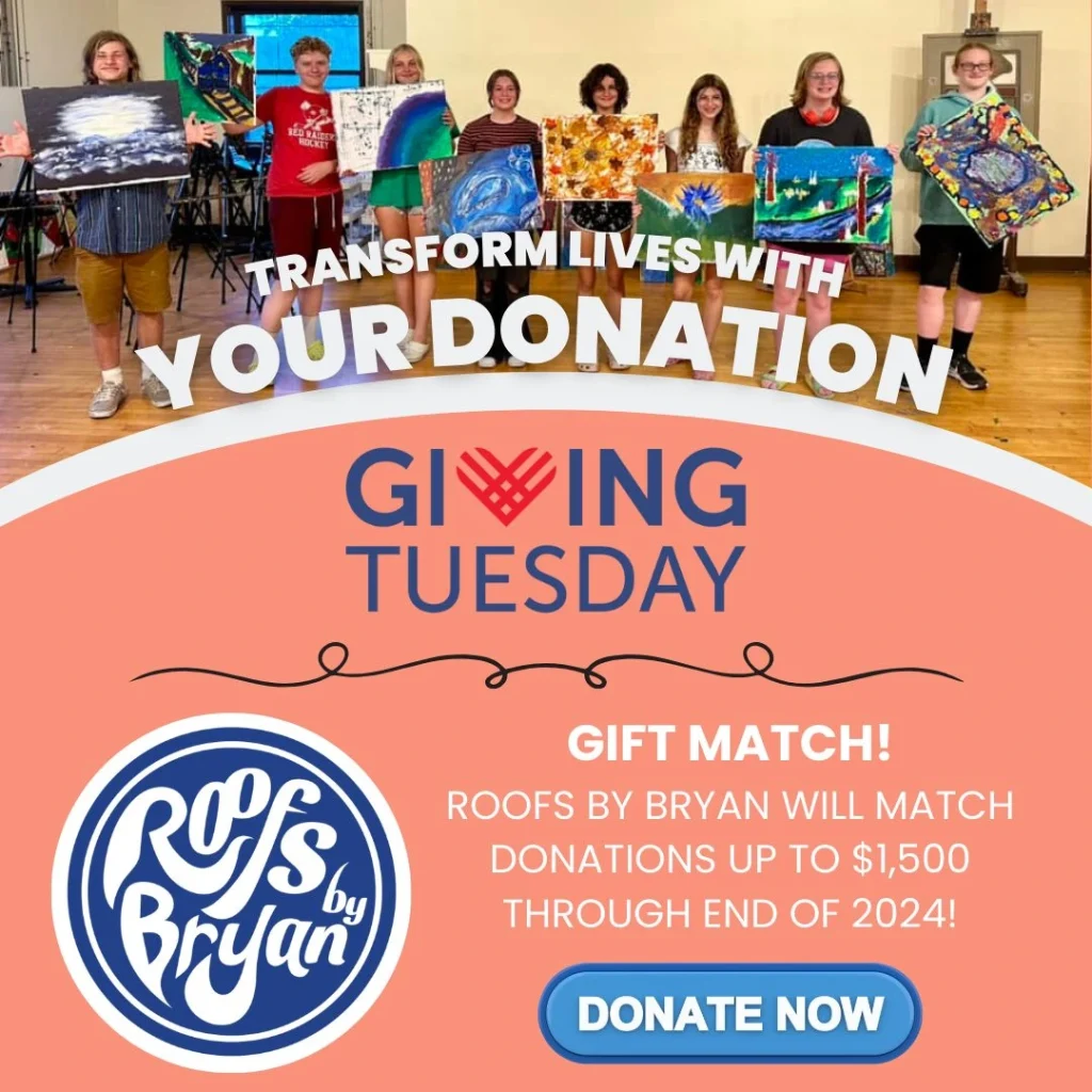 Roofs by Bryan Giving Tuesday campaign featuring students holding artwork and promoting community donation matching initiative