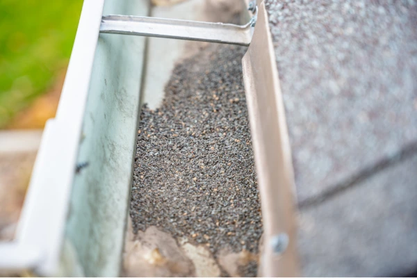 Close-up of shingle granules collected inside a gutter after winter weather
