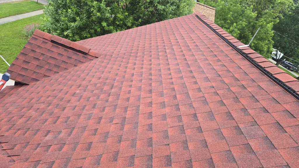 Close-up of completed GAF HDZ Patriot Red shingle roof in Hamburg, NY