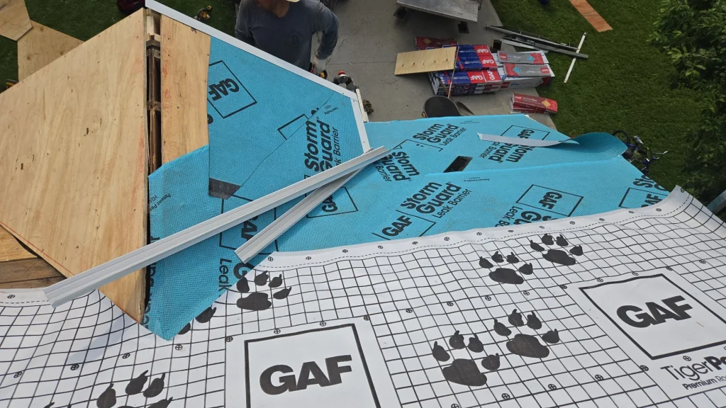 GAF roof underlayment and leak barrier being installed during a roof replacement in Hamburg, NY