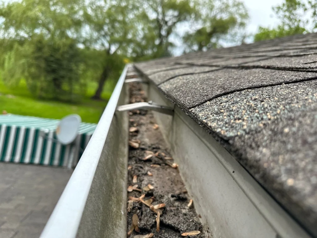 Debris buildup in gutter before gutter replacement at an Angola, NY home