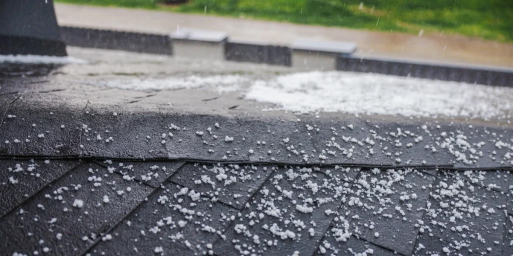 Hail falling on dark asphalt shingles during a storm, showing granule loss and surface damage